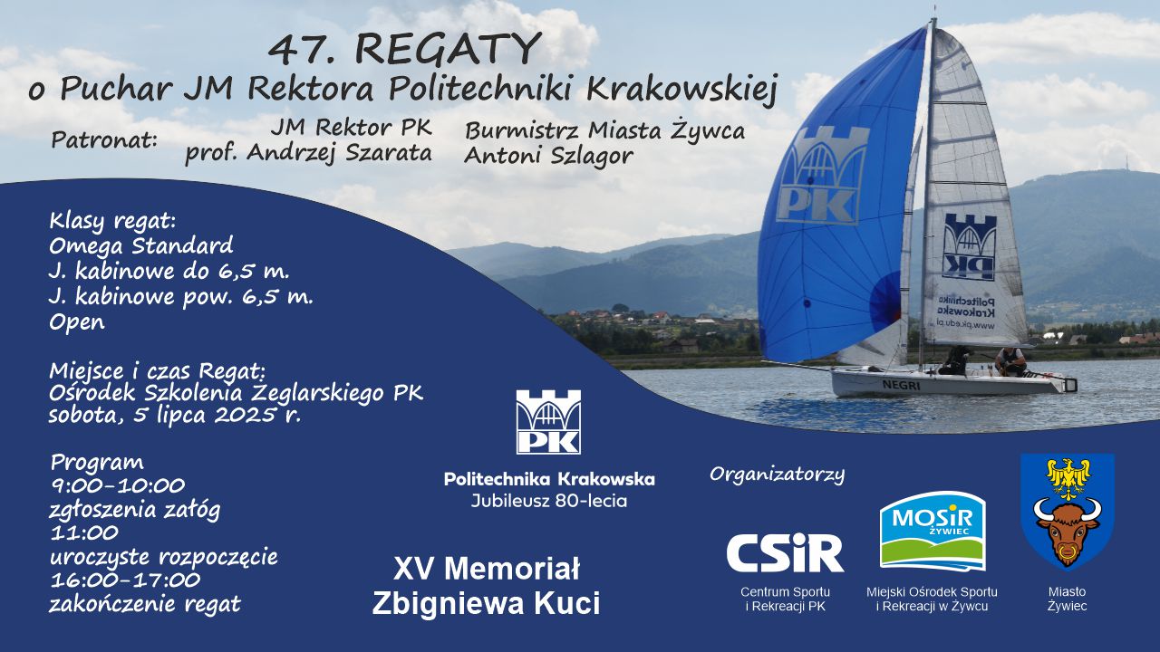 Woda, wiatr i słońce oraz mnóstwo sportowych emocji!!! Już 5 lipca!!!                                                                                                      To już 47 REGATY O PUCHAR JM REKTORA POLITECHNIKI KRAKOWSKIEJ